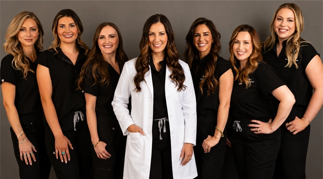 Beauty Refined medical aesthetics team wearing professional black scrubs, with the lead provider in a white lab coat, posing for a group portrait.